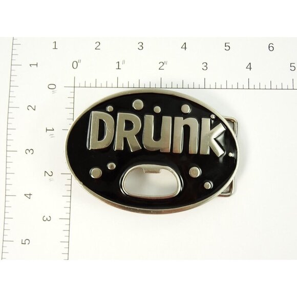 Drunk Belt Buckle Bottle Opener Black Silvertone Oval Statement - Picture 4 of 4